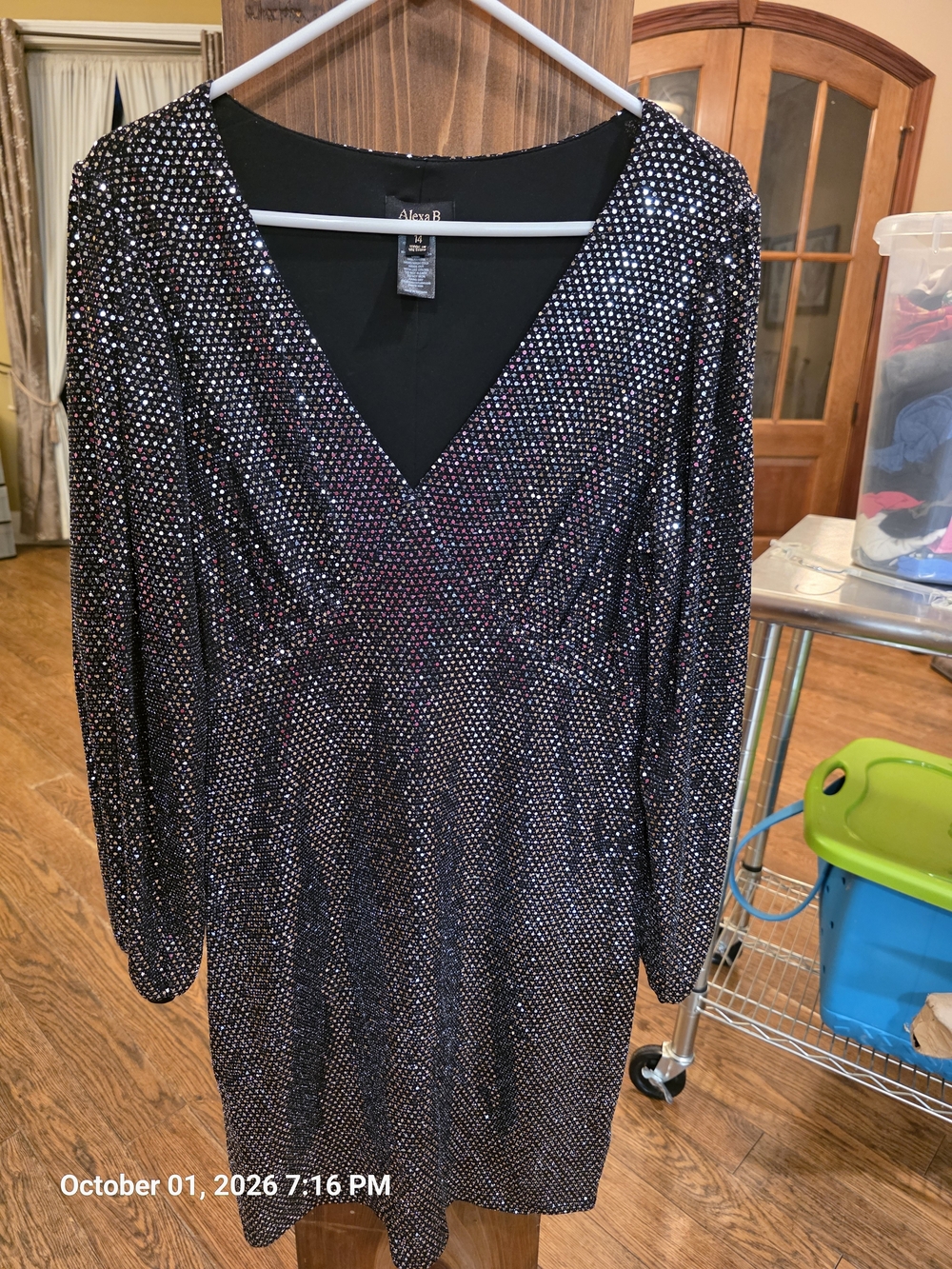 Alexa B Silver Sparkle V-Neck Long Sleeve Dress Size 14